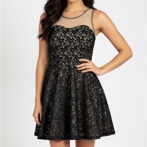 Reynah Couture Black Lace Mesh Illusion Neckline Sleeveless Mini Dress Small